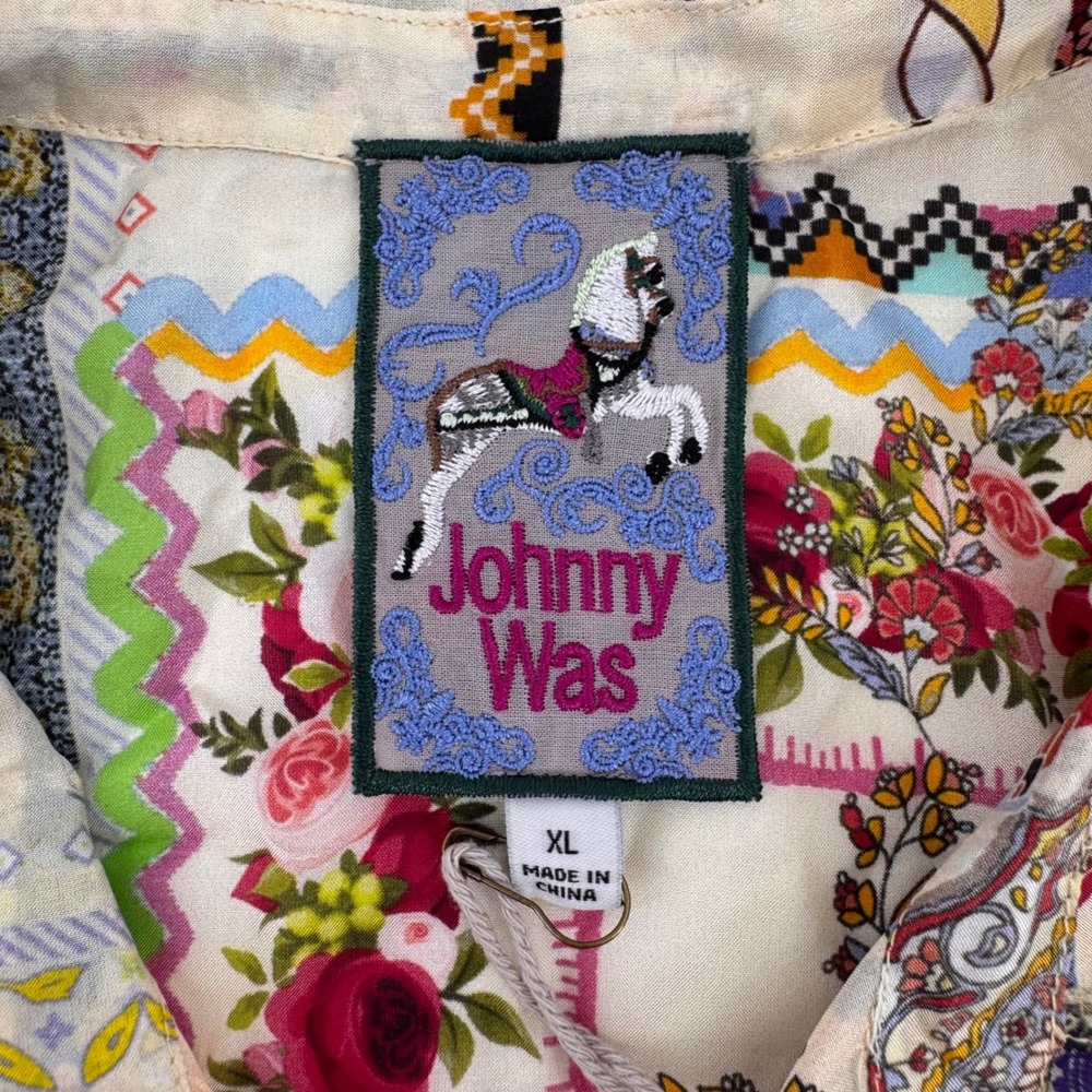 Johnny Was Blouse Women XL Multicolor 100% Silk Patchwork Crochet Lace‎ Peplum - Picture 4 of 9
